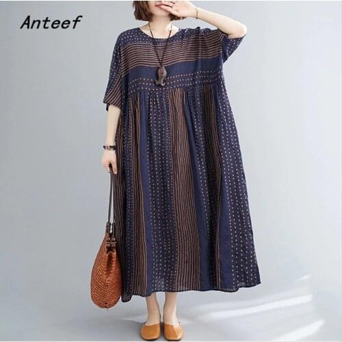 Short sleeve cotton vintage stripe dresses for women casual loose long woman summer dress elegant clothes 2021 sundress