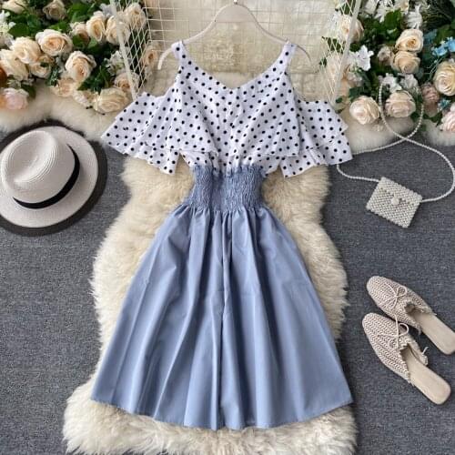 FMFSSOM Summer Spring Patchwork Polka Dot Bow Spaghetti Strap Ruffles Women Female A-line High Waist Midi Dress