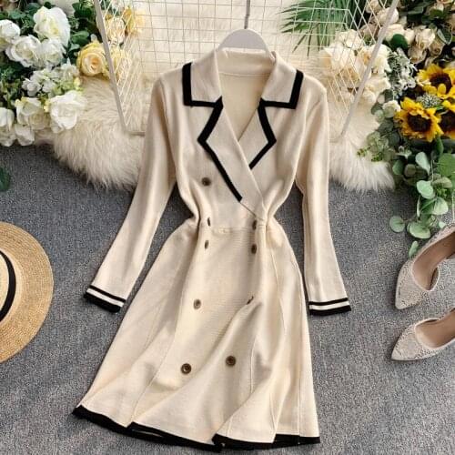 Autumn Women Vintage Lapel Collar Long-sleeved Double-breasted Dress Ladies French Style Slim OL Casual Knit Dress