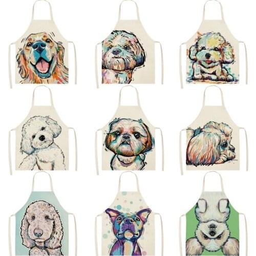 1Pcs Men Women Dog Printed Cotton Linen Sleeveless Kitchen Home Hogar Aprons Pinafore Home Cleaning Tools 2 Size 68x55cm/47x38cm