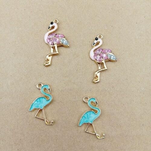 10PCS Beauty Lady Jewelry Colorful Enamel Grace Crystal Flamingos Shape Alloy Charm Necklace Pendants Jewelry Making YZ330