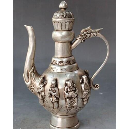 Decoration bronze factory outlets Tibet Silve 9" Chinese Silver Eight Immortals 8 God Dragon Head Handle Wine Tea Pot Flagon
