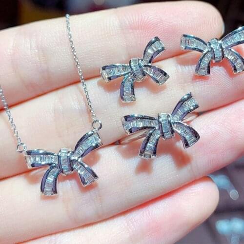 New Elegant Bow Jewelry Set With Fashion T-Shape Zircon Fine Necklace S925 Silvery Ring For Women Wedding Party Unusual Earrings