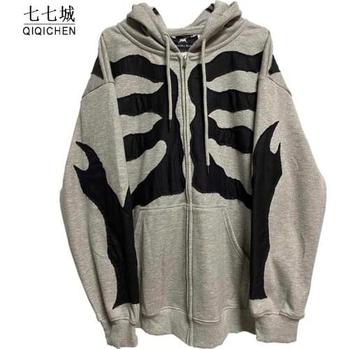 Hip Hop Skeleton Hooded Jackets Men Harajuku Irregular Print Punk Sweatshirt Male Streetwear Autumn Casual Coat Unisex 2021