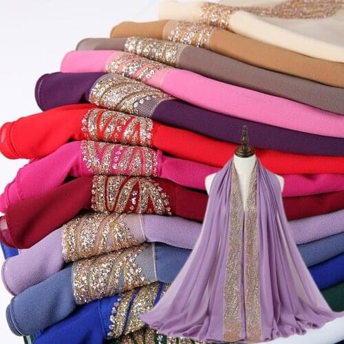 Fashion Muslim Lady Stitching Sequined Long Scarf Arabian Wrapped Hijab Islamic Banquet Bandana Dubai Shawls Chiffon Headdress