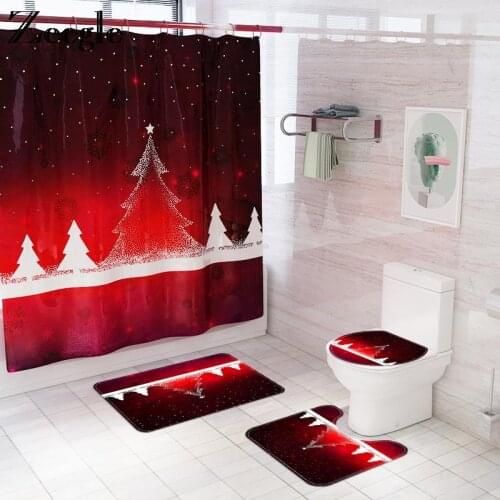 Zeegle Bathroom Carpet Set Christmas Tree Print Shower Curtain Polyester with Bathroom Mat Set 4PCS Toilet Bathroom Shower Mats