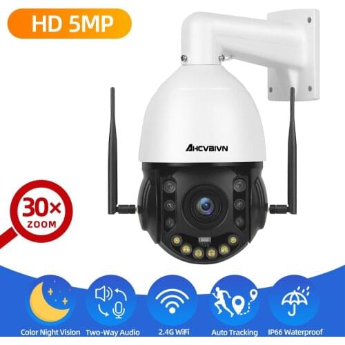 Outdoor Auto Tracking 5MP 2MP Wifi PTZ IP Camera Two Way Audio 30X Optical Zoom IR 80m Waterproof Color Night Vision CCTV Camera