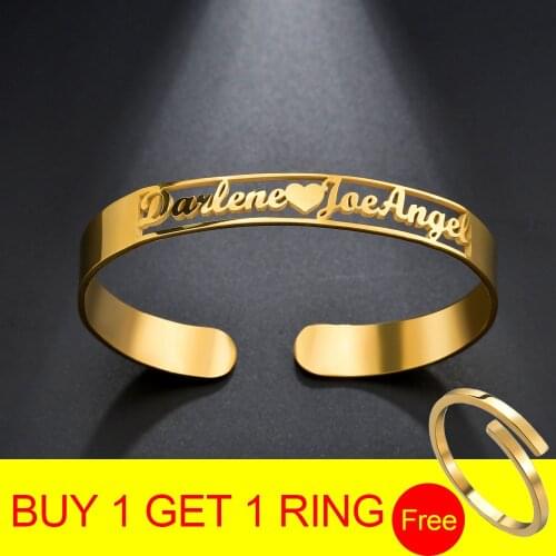 Personalized Custom Name Letter Bangle Stainless Steel Customized Nameplate Cuff Adjustable Bracelet For Women Jewelry Gift