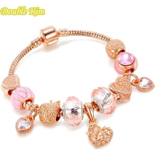 Heart Charms Bracelet Copper Rose Gold Plated Chain Color Apple Beads Women Glass Beaded Strand Bracelets Bangles DIY Jewelry