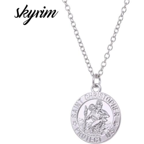 Skyrim SAINT CHRISTOPHER PROTECT US Religious Charm Amulet Pendant Necklace Statement Choker Necklace for Women 2021 Jewelry