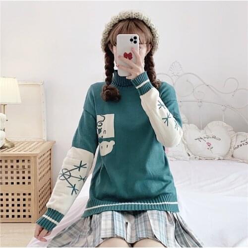 Bear Embroidery Cute Knit Women Sweaters 2021 Winter Warm Turtleneck Pullover Jumpers Korean Fashion Female Harajuku Soft Tops
