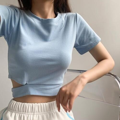 TVVOVVIN Elegant Hot Girl Solid Color Slim Irregular Open Waist Short Sleeve T Shirt Navel Short Top Tees Tops Korean DRD2