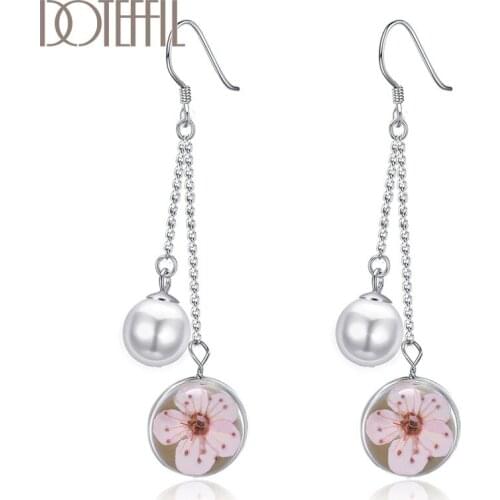 DOTEFFIL 925 Sterling Silver Flower Pearl Pendant Earrings Charm Women Jewelry Fashion Wedding Engagement Party Gift