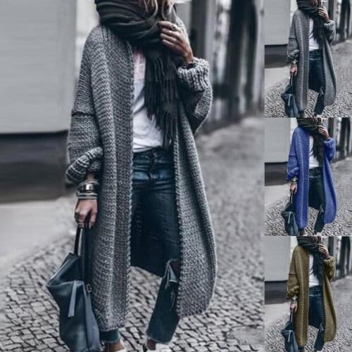 Women Winter Long Sleeve Knitted Open Front Sweater Cardigan Mid-length Coat