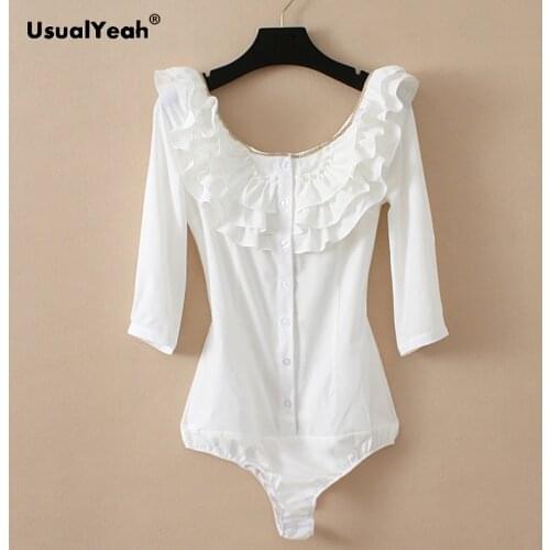 Women Elegant Bodysuits Tiered Ruffles Slash Neck Bodysuit 3/4 Sleeve Metal Chain Body Shirt and Blouse with Panties Beige Tops