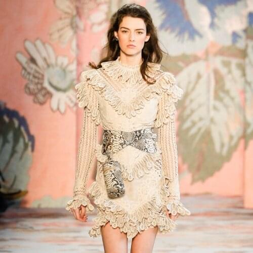 Charming Layered Lace Ruffle Dress For Women Mock Neck Long Sleeve Cut Out Irregular Hem Mini Bodycon Party Dress