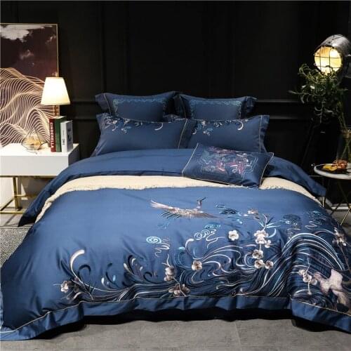2018 Autumnal New Arrival Embroidery 4/7pcs Bedding Set High Quality egyptian cotton Duvet Cover Sets With gray birds