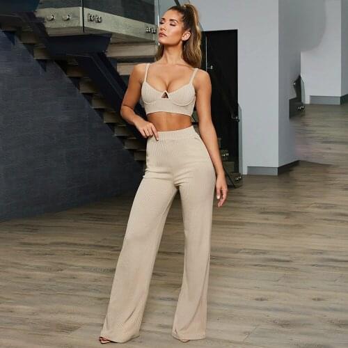 2019 Fashion Pure Color Stripes Women Suit V Neck Splicing Vest and Tight Long Pants Sexy 4 Color Two-Piece Women Set