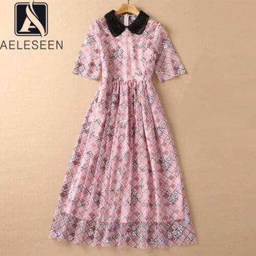 AELESEEN High Quality Summer Flower Embroidery Dress Runway Fashion Pink Beading Peter Pan Collar Long Party Elegant Dress