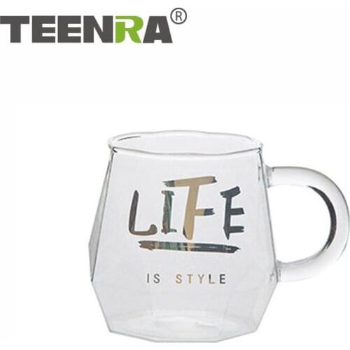 TEENRA Diamond Shape Cup Beer Coffee Cup Whiskey Cup with Handle Transparent Milk glass Letters Pattern Hot Water glass