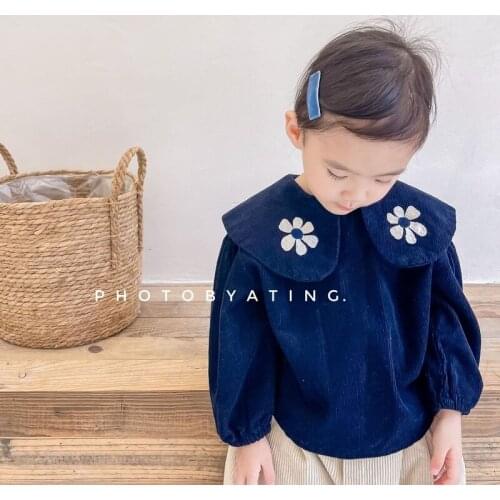 2021 Children Autumn New Shirts Girls Long Sleeve Cotton Embroidered Floral Puff Sleeve Corduroy Solid Color Casual Blouses