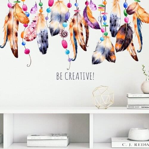 Artistic Colorful Ethnic Style Feather Wall Stickers Living Room Bedroom Decoration Removable Vinyl Decals