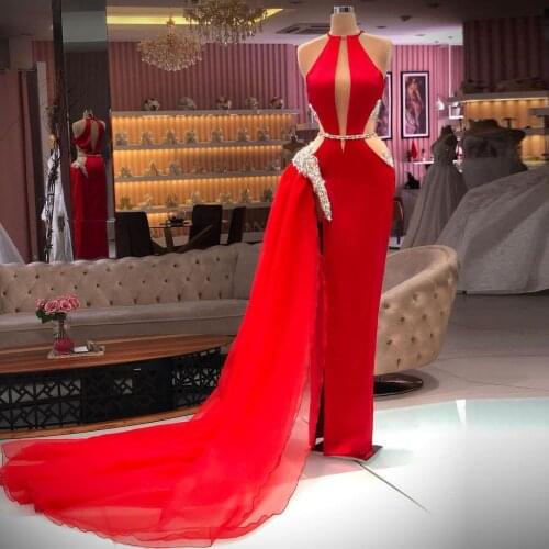 Red Elegant Sexy Caftan Evening Dress Halter Floor Length Crystals Tulle With Train Special Occasion Prom Dress Custom Made