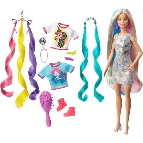 Barbie Rengarenk Saçlar Bebeği ! YENİ SEZON ! Barbie Bebeği Rengarenk Saçlı, T-shirt Tarak Taç Yedek Saçlar (sürpriz hediyeli)