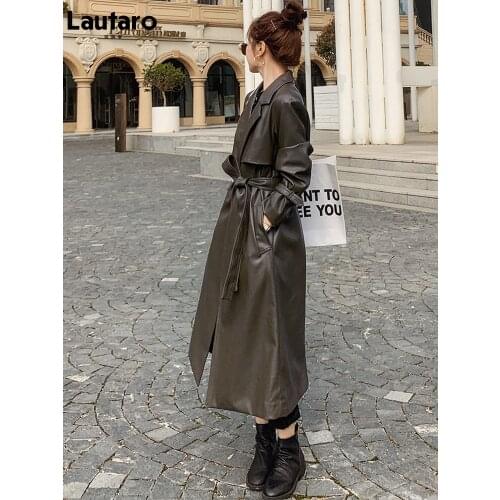 Lautaro Spring long leather trench coat for women long sleeve sashes Autumn soft waterproof faux leather rain coat women 2021
