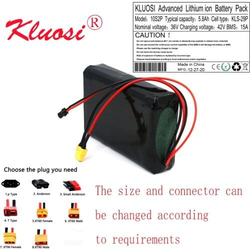 KLUOSI 10S2P 36V 5.8Ah 6Ah 450W 42V Lithium Battery Pack with 15A BMS for Electric Scooter Skateboard Ebike Electric Bicycle Etc