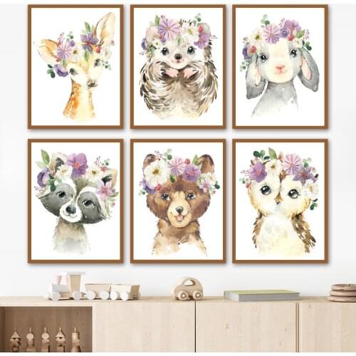 Cartoon Bear Deer Owl Sheep Raccoon Flower Nursery Wall Art Prints Canvas Painting Nordic Poster Decor Pictures Baby Girl Room