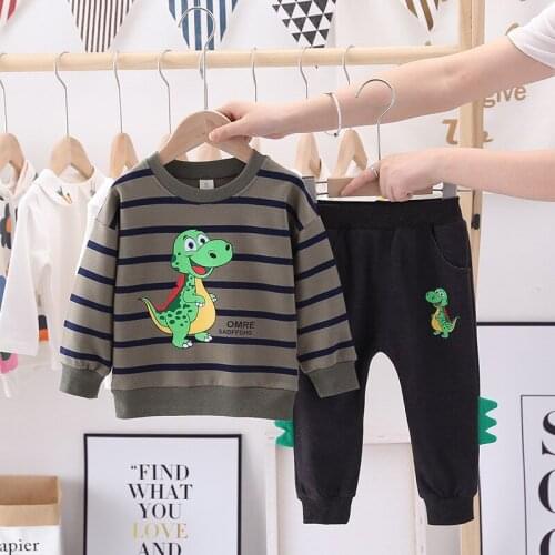 2021 New Baby Boy Clothes Set Spring Autumn Long-sleeve Striped Dinosaur Print Baby Childrens Clothes Cartoon Boy Clothes 2Pcs