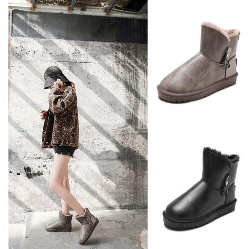 Plush Waterproof Zipper European And American Winter Round Head Snow Boots WomenS Mid-Tube Bright Leather Gun Gray Cotton Boots