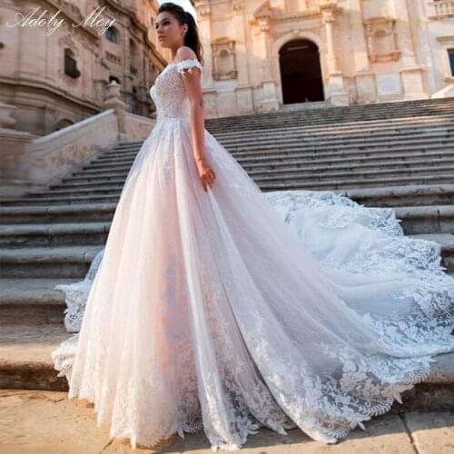 Adoly Mey Glamorous Appliques Lace Court Train A-Line Wedding Dresses 2021 Luxury Boat Neck Beaded Princess Bride Gown Plus Size