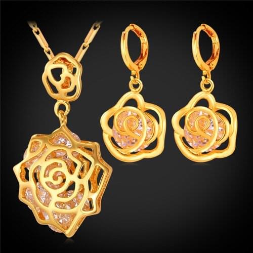 Kpop Rose Cubic Zirconia Earrings Pendant Set Gold/Silver Color Fashion Vintage Elegant Jewelry Sets For Women Gift PE365