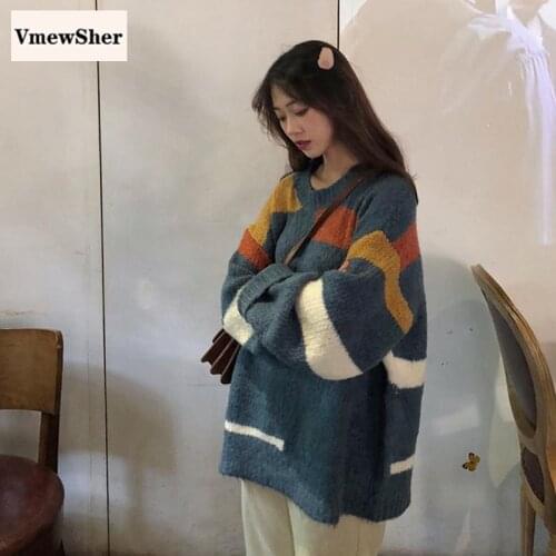VmewSher New Sweaters Women Chic Color Block Striped Vintage O-neck Daily Oversize Knitwear Fall Casual All-match Pullover Tops