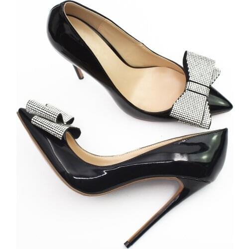 Dropshipping Woman Patent Leather Black Stiletto Heels Office Lady Formal Dress Pumps New Fashion Sexy Shoes With Bow D025C
