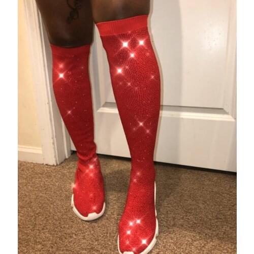 Spring Knee High Sneakers Women Crystal Sock Sneakers Stretchy Knitting Thigh High Boots Handmade Rhinestones All Over Boots