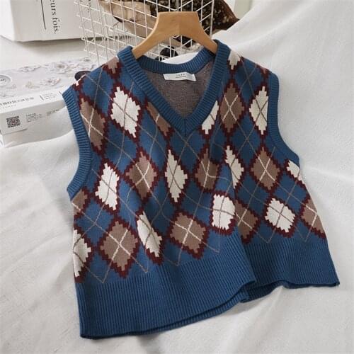 Preppy Style Knit Vest Women Knitted Argyle Sweater Vest Sleeveless Plaid Waistcoat Autumn Short Outwear Chalecos Para Mujer