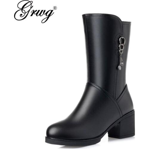 2021 New Fashion Soft Leather Women Ankle Boots High Heels Zipper Shoes Warm Fur Winter Boots for Women Plus Size 35-42