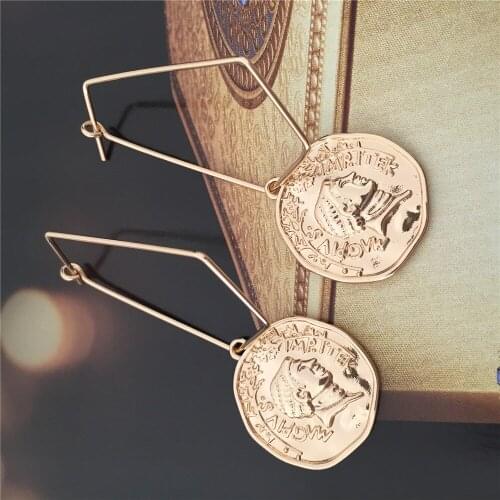2020 Trendy Gold Color Plating Round Coin Face Engraved Hoop Earrings For Women Girl Bohemia Vintage Statement Jewelry