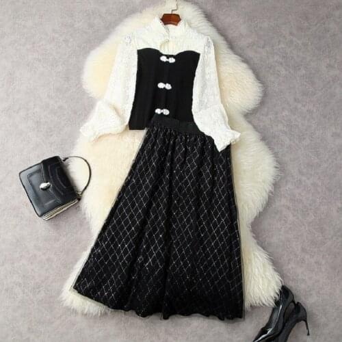 Top Quality Designer Clothing Sets 2021 Autumn Winter Knitted Lace Patchwork Top+Sexy Tulle Mesh Patchwork Long Velvet Skirt Set
