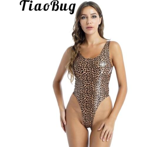 Womens Erotic Teddies Catsuit Leopard Printed Patent Leather Bodysuit Sleeveless High Cut Bodycon Jumpsuit Skinny Romper Leotard