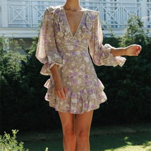 2021 New Autumn Ruffles V Neck Floral Print Women Long Sleeve A Line Bandage Vestidos Female Sexy Lace-up Short Party Dress