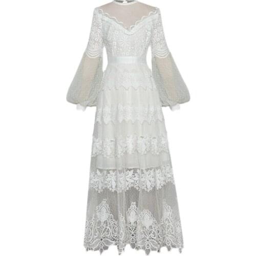 Quality See-Through Lace High 2021 Spring Summer Lantern Sleeve Ruffles Flower Embroidery Long Elegant Dress