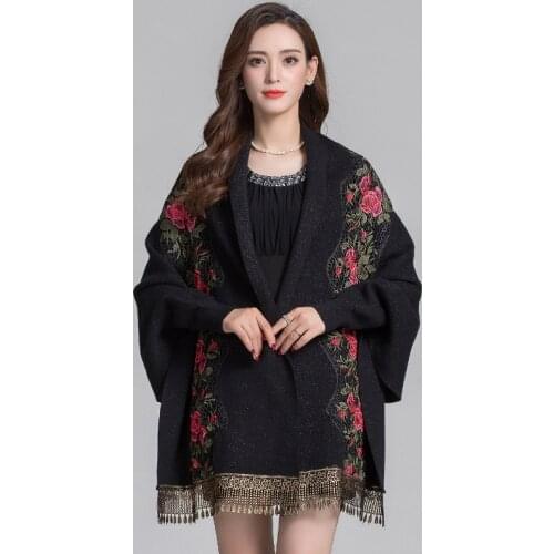 ZJZLL Autumn Winter Embroidery Pashmere Woman Fashion Flowers Soft Shawl Loose Plus Size Cardigan Tassel Knit Sleeve Poncho Cape
