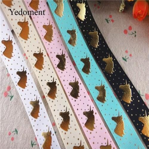 18050902, 7/8" 22mm 10 yards/lot cartoon gold foil printed grosgrain ribbons gift packaging DIY handmade materials