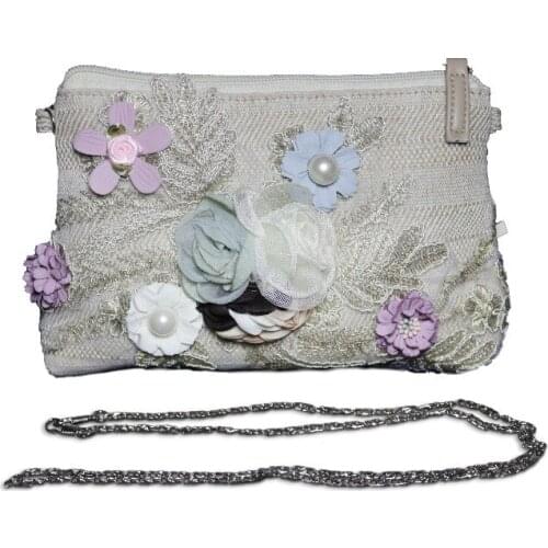 2019 Hand Made New designer women Linen bags female Hand made flowers with Peals 2 in 1 Purse Chain shoulder bag Cosmetic bag