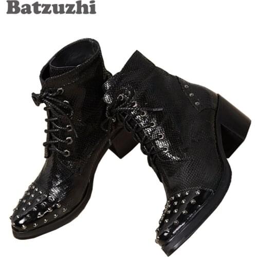 Batzuzhi 6.8CM High Heels Boots Men Genuine Leather Mens Oxfords Boots Round Toe Rivets Square Men Boots Botas Hombre, EU38-46