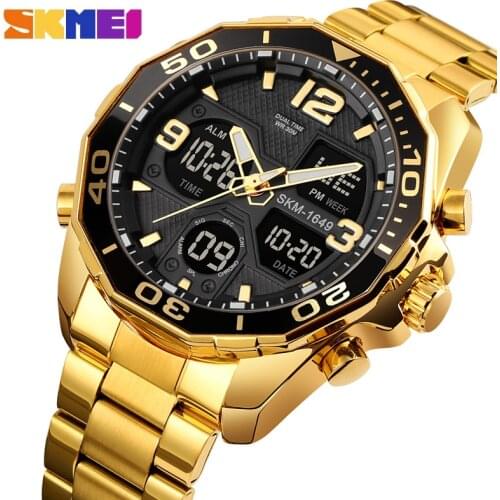 SKMEI Stainless Steel Luxury Men Watch Top Brand Analog Quartz Digital Wristwatches Waterproof Golden Clock Relogio Masculino